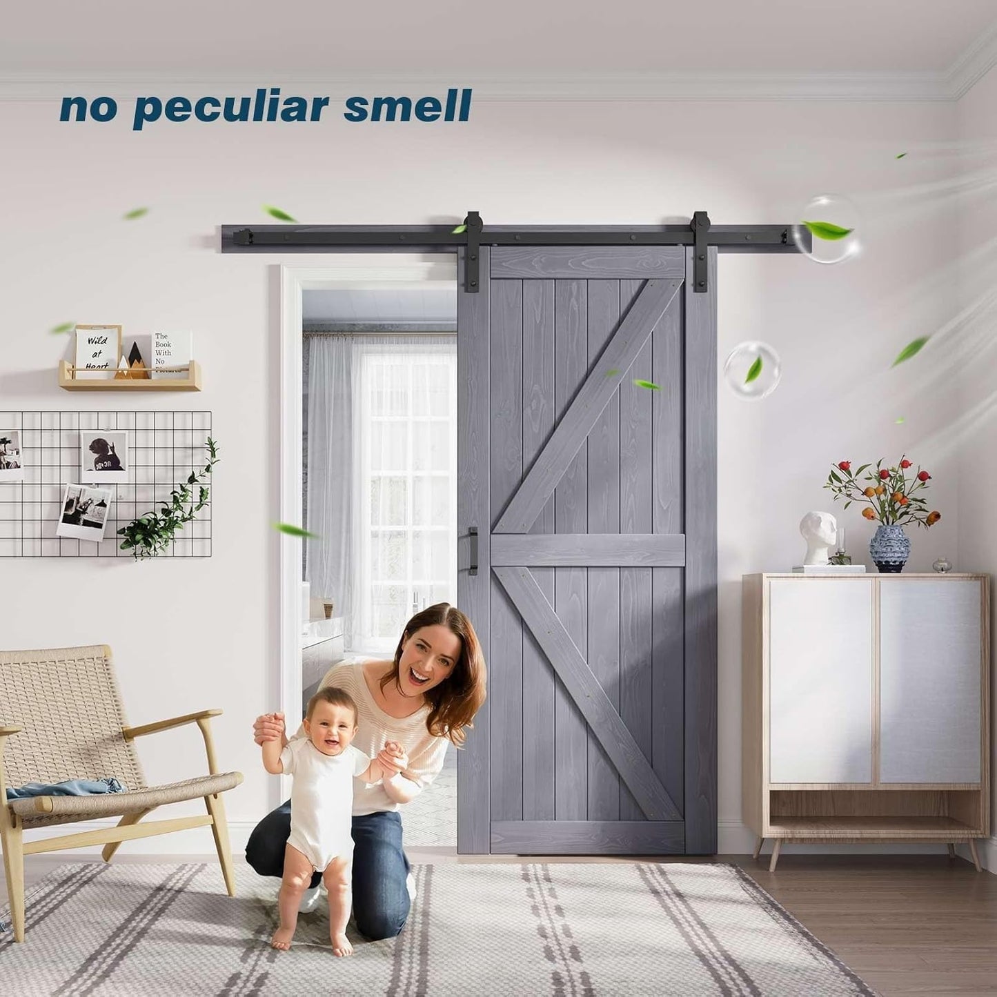 36x84 Inch Gray Wood Barn Door Slab with Hardware Track Kit, K-Frame Design