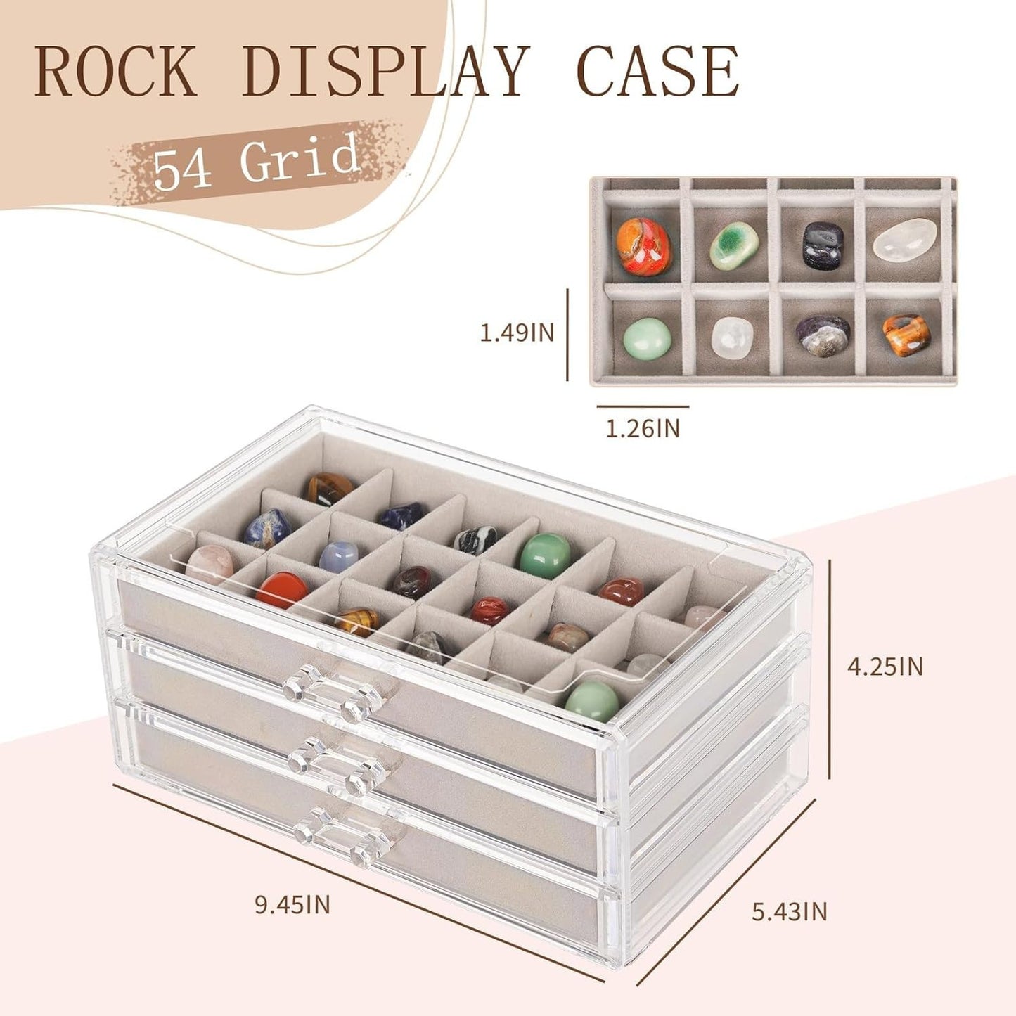 Acrylic Rock Display Case,54 Grids Rock Collection Box for Kids with Mini Magnif
