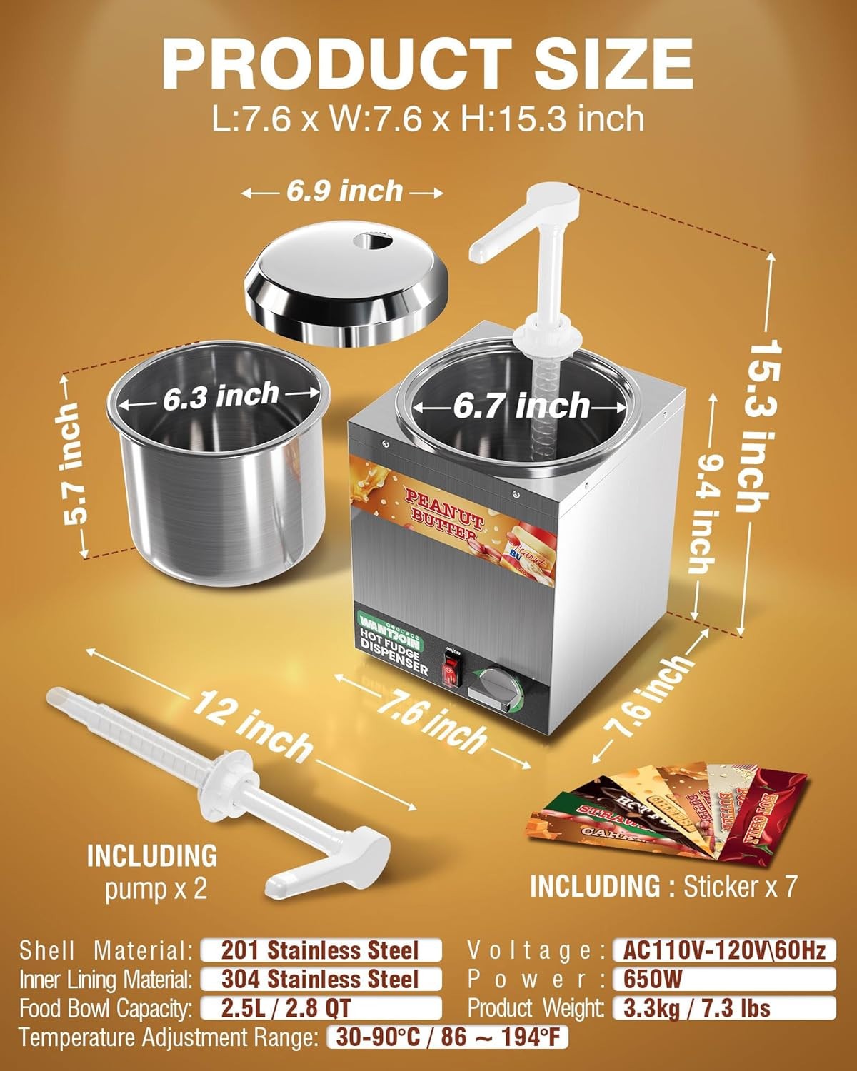 2.8Qt Nacho Cheese Dispenser with Pump - 5-Level Temperature Adjustment