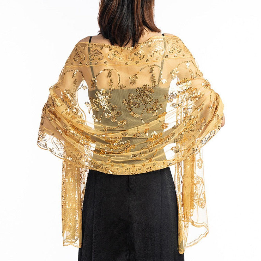 Elegant Sparkly Sequin Sheer Tulle Lace Embroidery Scarf Wrap for Formal Events