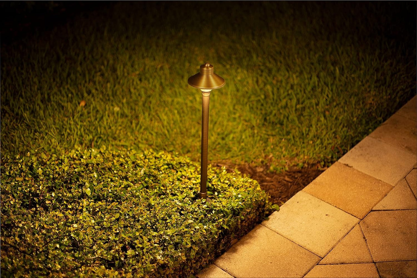 12V Flat Hat Brass Path Light, 25" Tall - 5" Shade, 3W 2700K LED