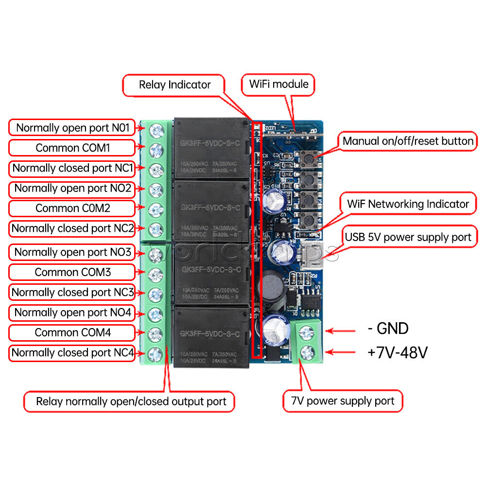 USB 5V  DC7-48V 4CH eWeLink Smart WIFI Switch Universal Wireless Relay Module
