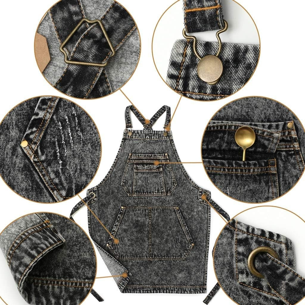 Denim Apron with Pockets, Adjustable Cross Straps, for Work & Crafts