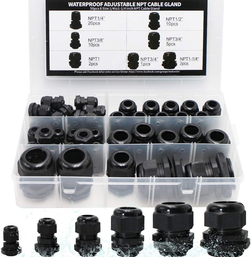 Cord Grip Cable Glands Kit for Electrical Box NPT Waterproof Nylon Strain Relief