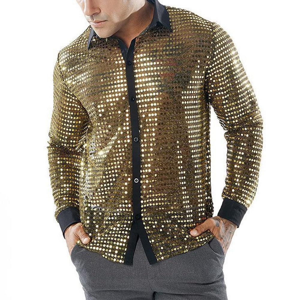 Men's Sparkly Sequin Party Dance Shirts Retro 70s Disco Nightclub Style Tops