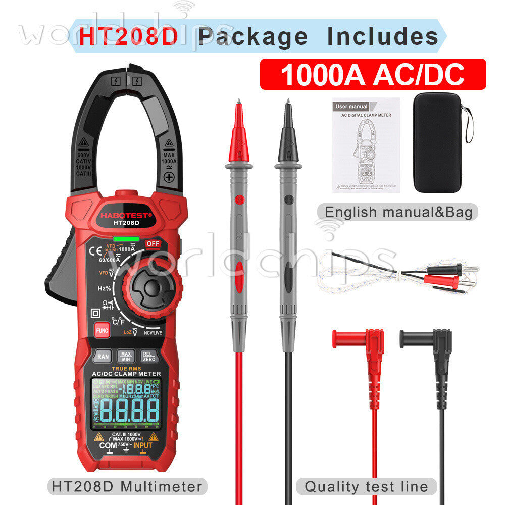 HABOTEST HT208A/D AC/DC Digital Clamp Meter Multimeter Capacitance Ohm Hz Tester