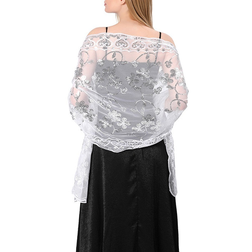 Elegant Sparkly Sequin Sheer Tulle Lace Embroidery Scarf Wrap for Formal Events