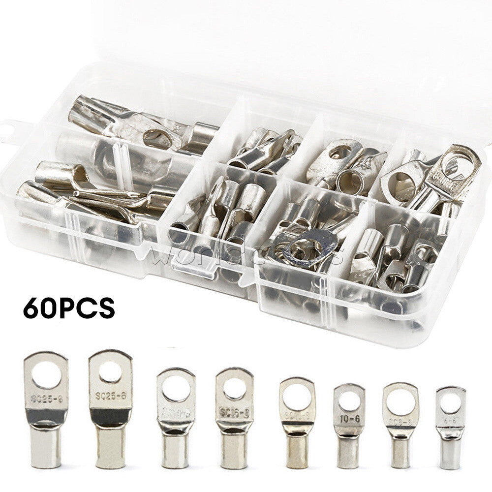 60PCS Battery Lugs Terminal Ring Connector Tinned Copper Wire Terminals Kit