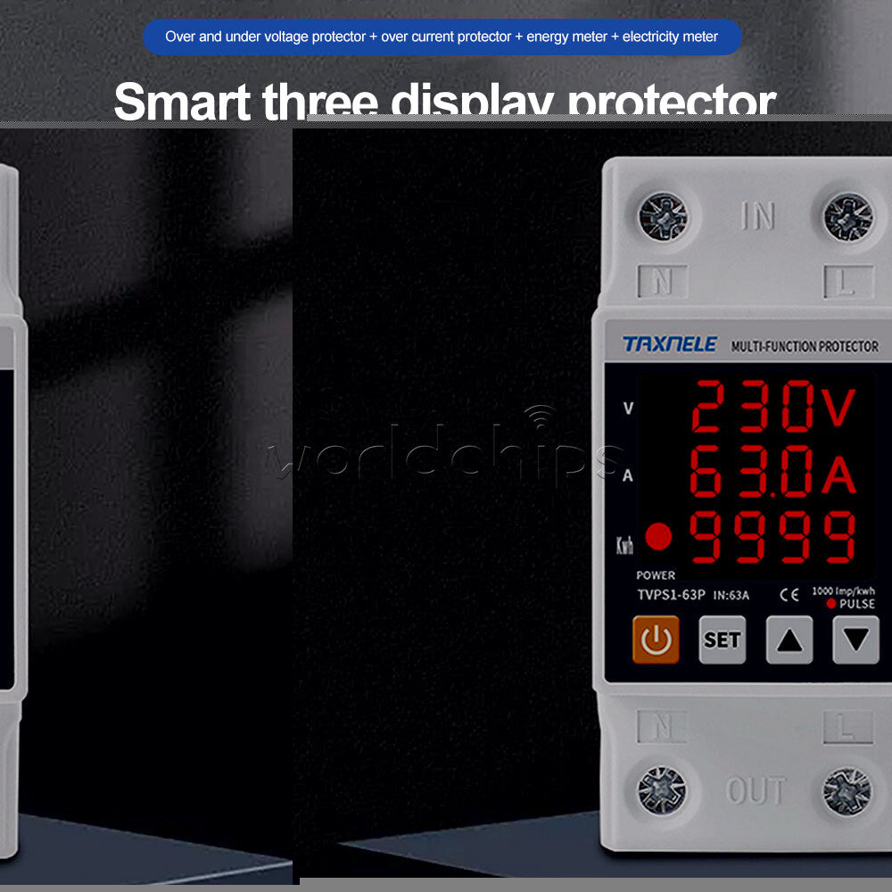 AC230V 63A Digital Din Rail Over Under Voltage Current Protection Energy Meter