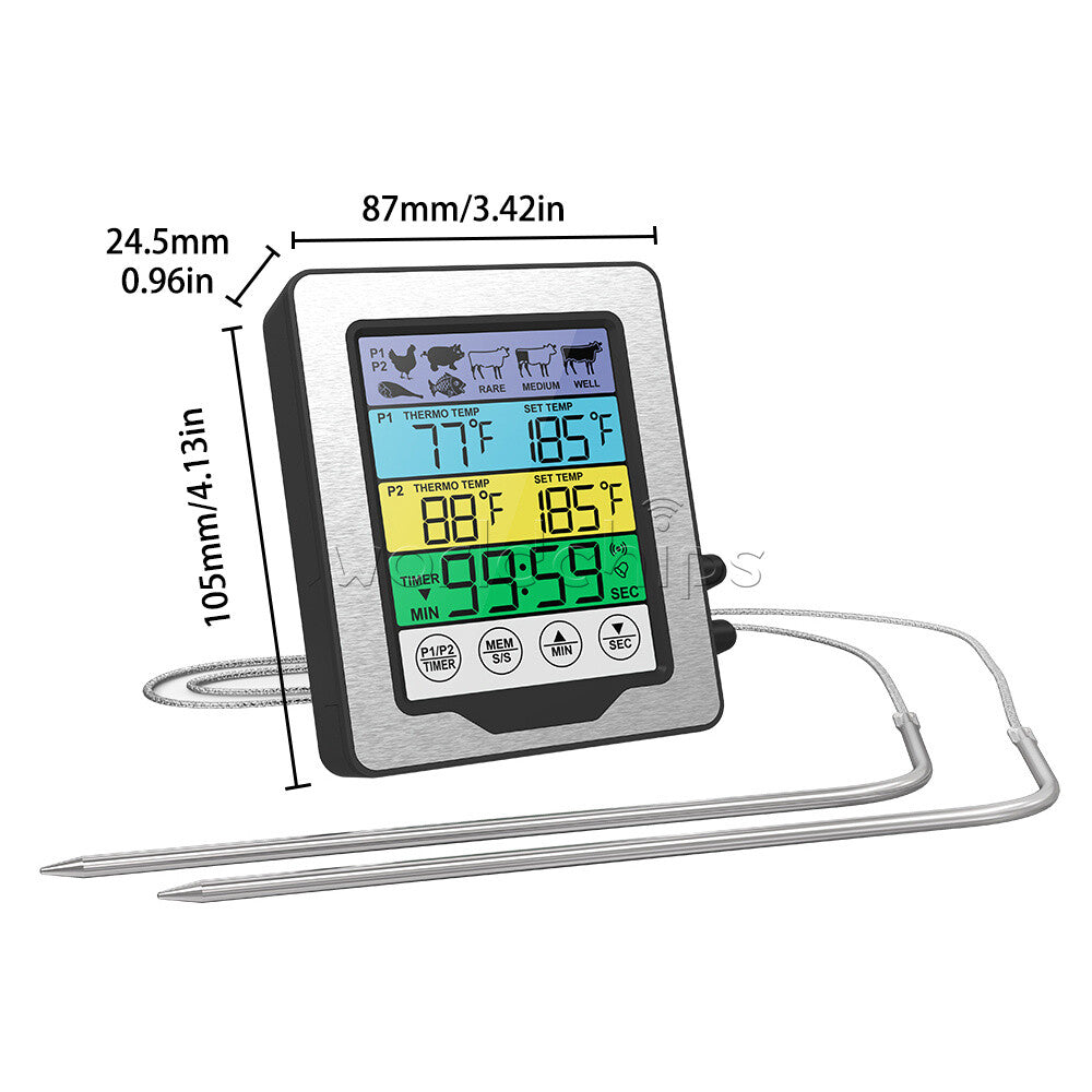 Touch Screen Backlight Dual Probes Kitchen Cooking Food BBQ Meat Thermometer