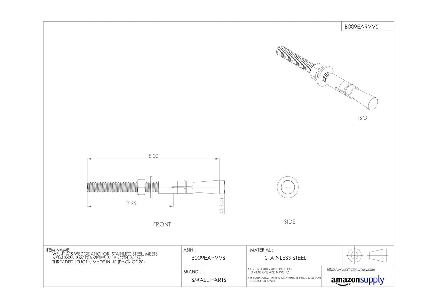 Ankr-Tite ATS Wedge Anchor, 304 Stainless Steel, Meets QQZ-325Z Type II Class 3