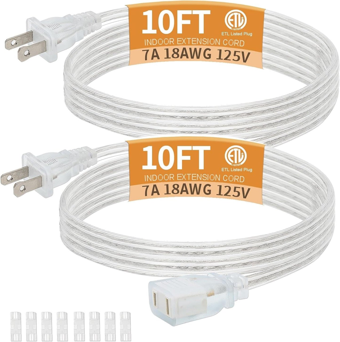 2 Pack Clear Extension Cord with Ul-Certified, 10 Feet Male to Female Extension