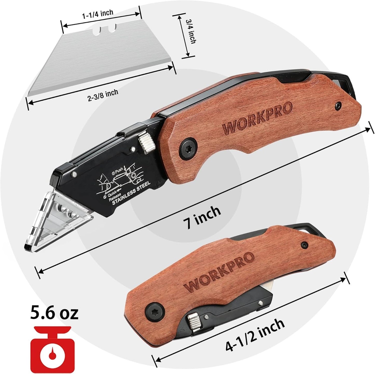 Folding Utility Knife with Stainless Steel Head, Quick-Change Blade & Back Lock,
