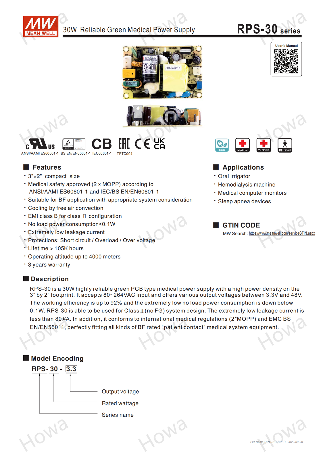 Mean Well RPS-30 Switching Power Supply Medical PCB Type 30W 5V7.5V12V15V24V48