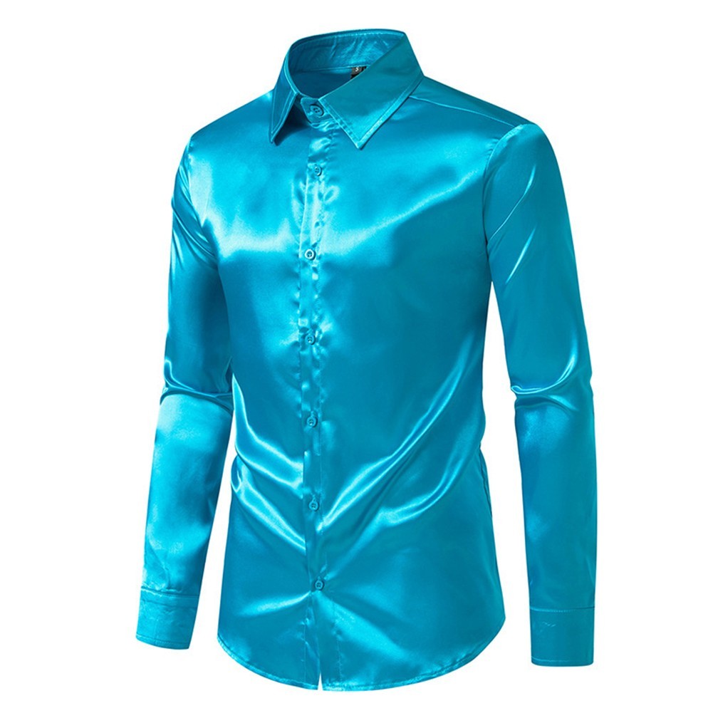 Trendy Mens Slim Fit Satin Silk Long Sleeve Shirt Button Down Party Shirts