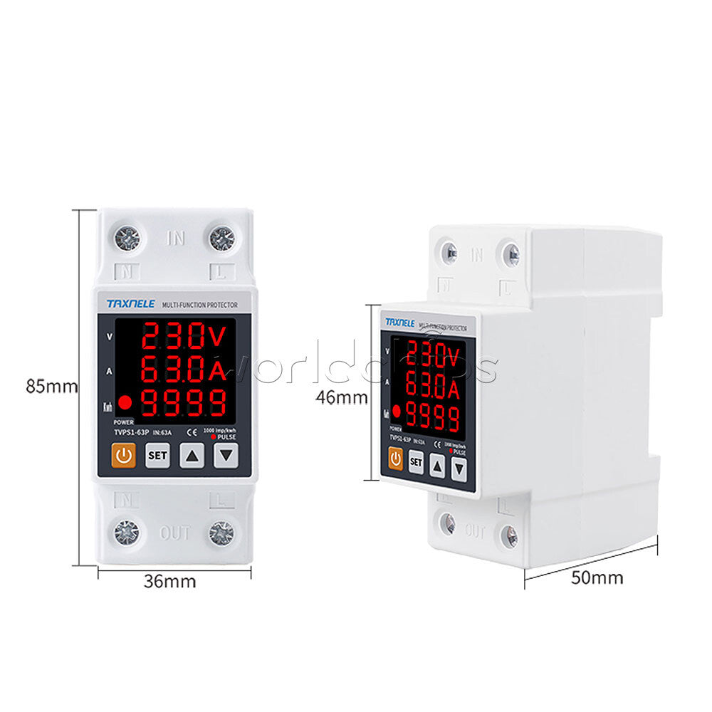 AC230V 63A Digital Din Rail Over Under Voltage Current Protection Energy Meter