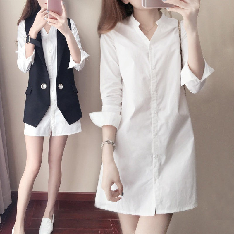 Women Girls Casual White Shirt Long Sleeve V-Neck Slim Fit  for MINI Shirt Dress