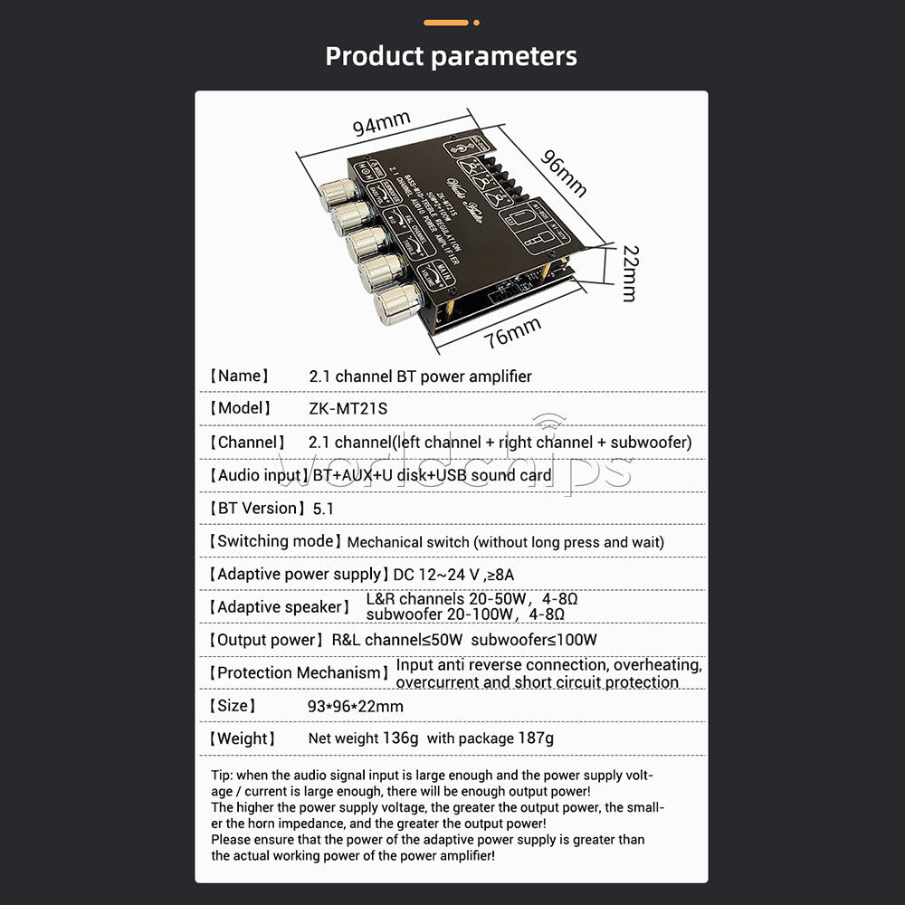 Bluetooth 5.0 Audio Amplifier Module High Low Tone 50W*2 Stereo +100W Subwoofer
