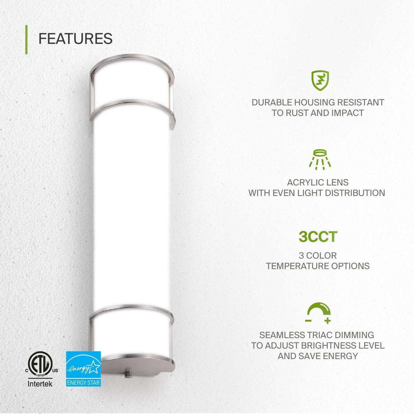 LED Vanity Flush Mount Light, 24", 3CCT Dimmable, Nickel Finish