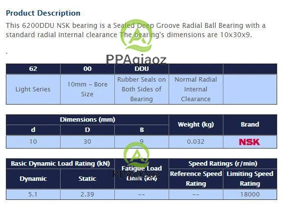 10PCS NSK 6200 DDU Deep Groove Radial Ball Bearing 10x30x9mm #P