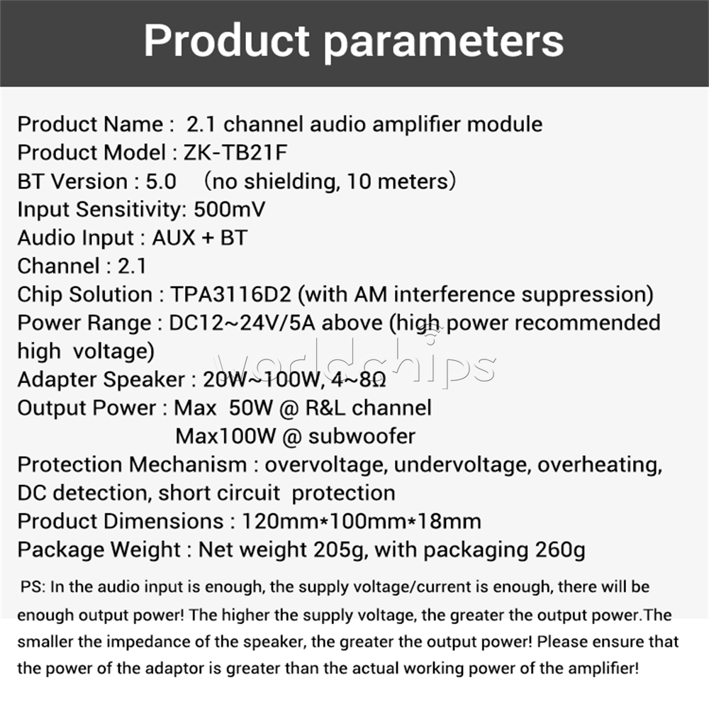 ZK-TB21F 2.1 Channel 50W*2+100W Bluetooth 5.0 Digital Amplifier Module TPA3116D2