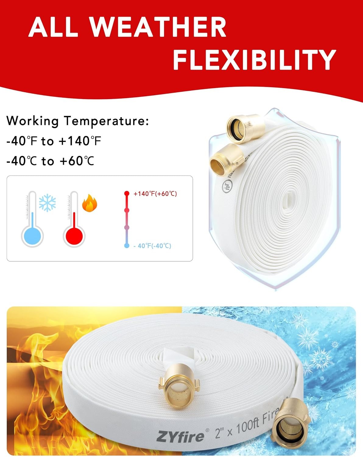 2" x 100 FT Fire Hose, TPU Single Jacket, Brass Couplings 750 PSI