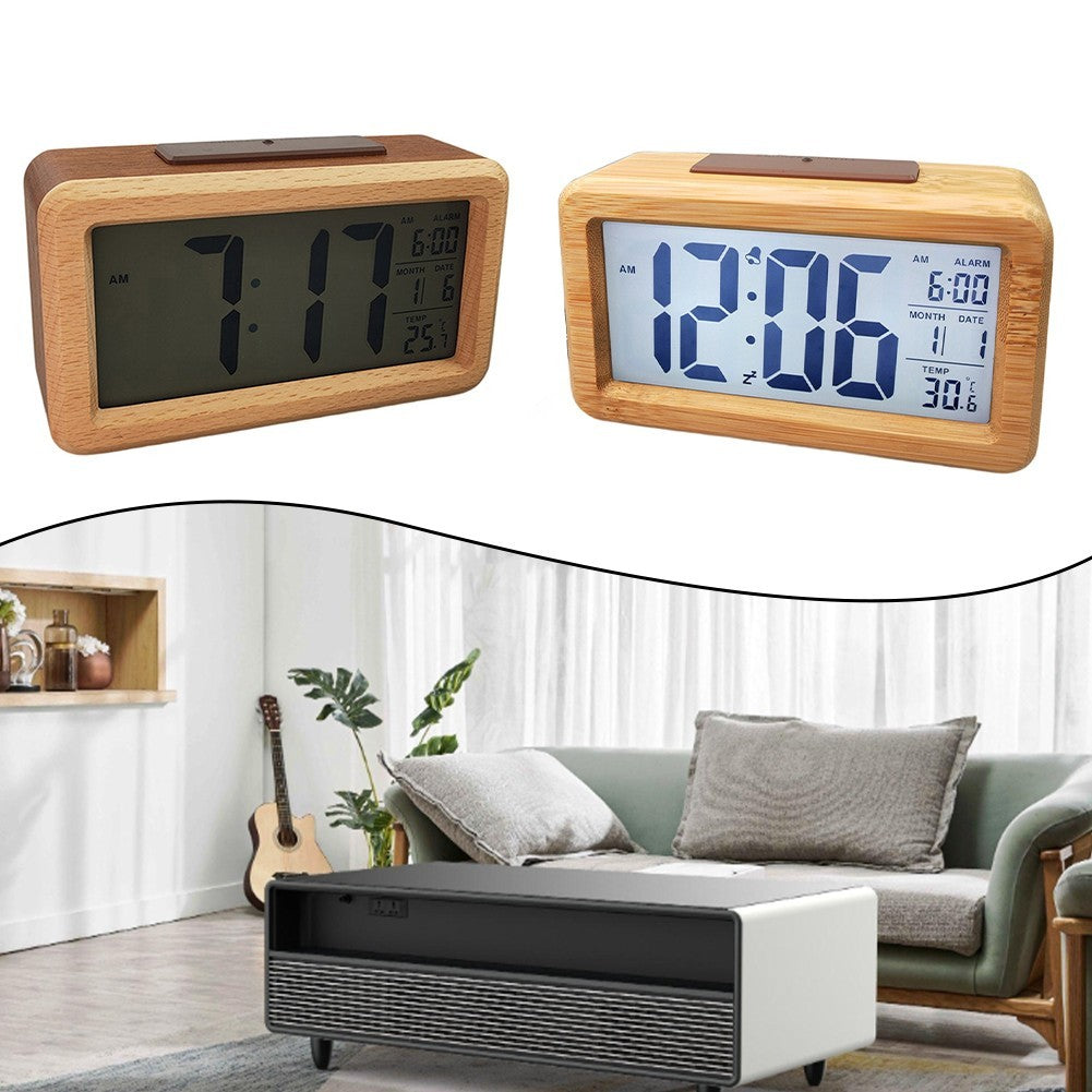 Wooden Digital Alarm Clock with Temperature Display for Home and Office