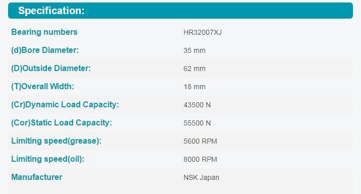 NSK HR32007XJ Tapered Roller Bearings 35x62x18mm