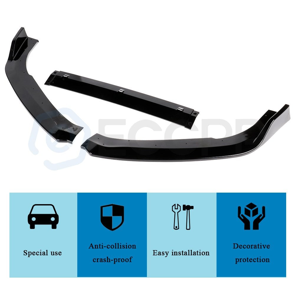 For Honda Accord 2018 2019 Glossy Black 3PCS Front Bumper Cover Trim Spoiler Lip