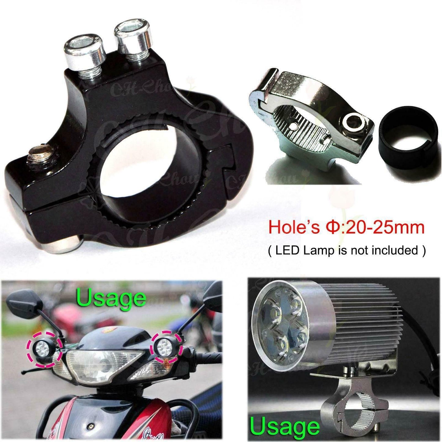 2x e-Bike Motorcycle LED Light Lamp Clamp Holder Handlebar Mount Bracket Adapter