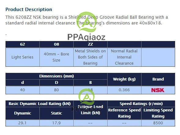 2PCS NSK 6208 ZZ Deep Groove Radial Ball Bearing 40x80x18mm #P