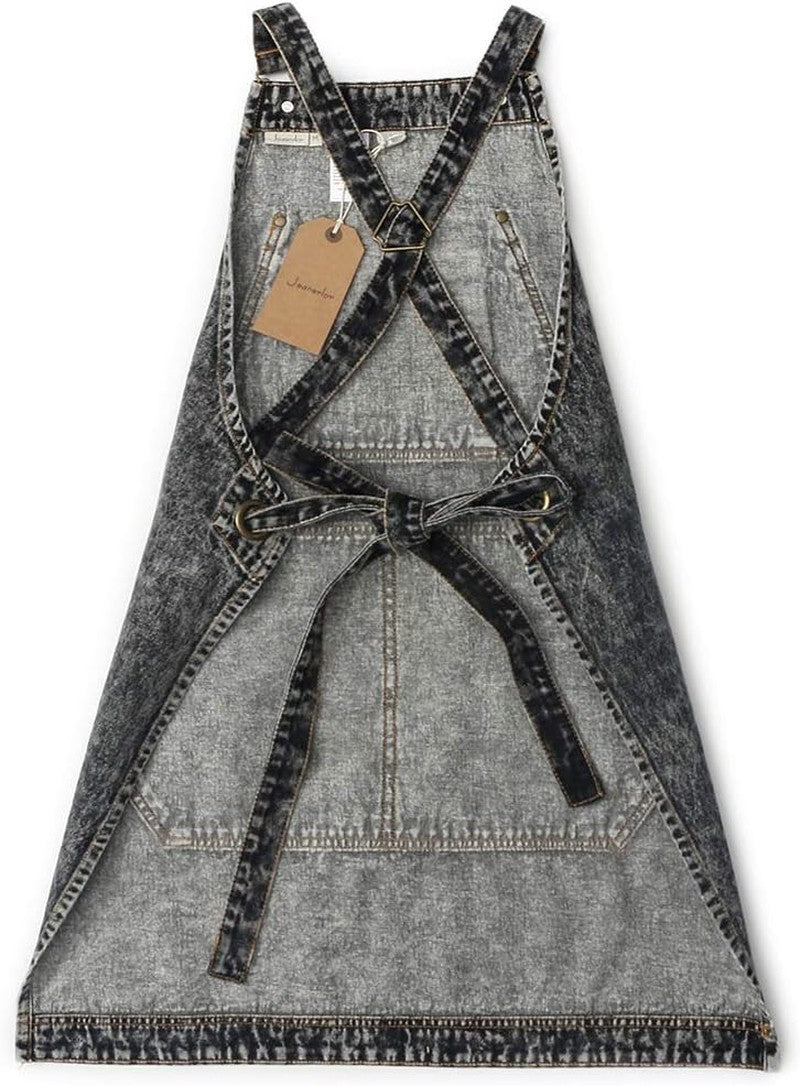 Denim Apron with Pockets, Adjustable Cross Straps, for Work & Crafts