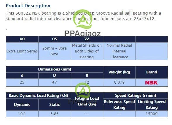 2PCS NSK 6005 ZZ Deep Groove Radial Ball Bearing 25x47x12mm #P