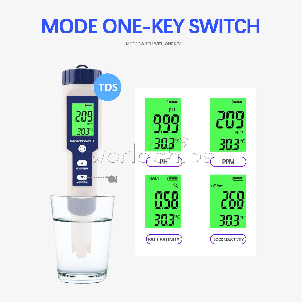5in1 TDS/EC/PH/Salinity/Temperature Meter Digital Water Quality Monitor Tool