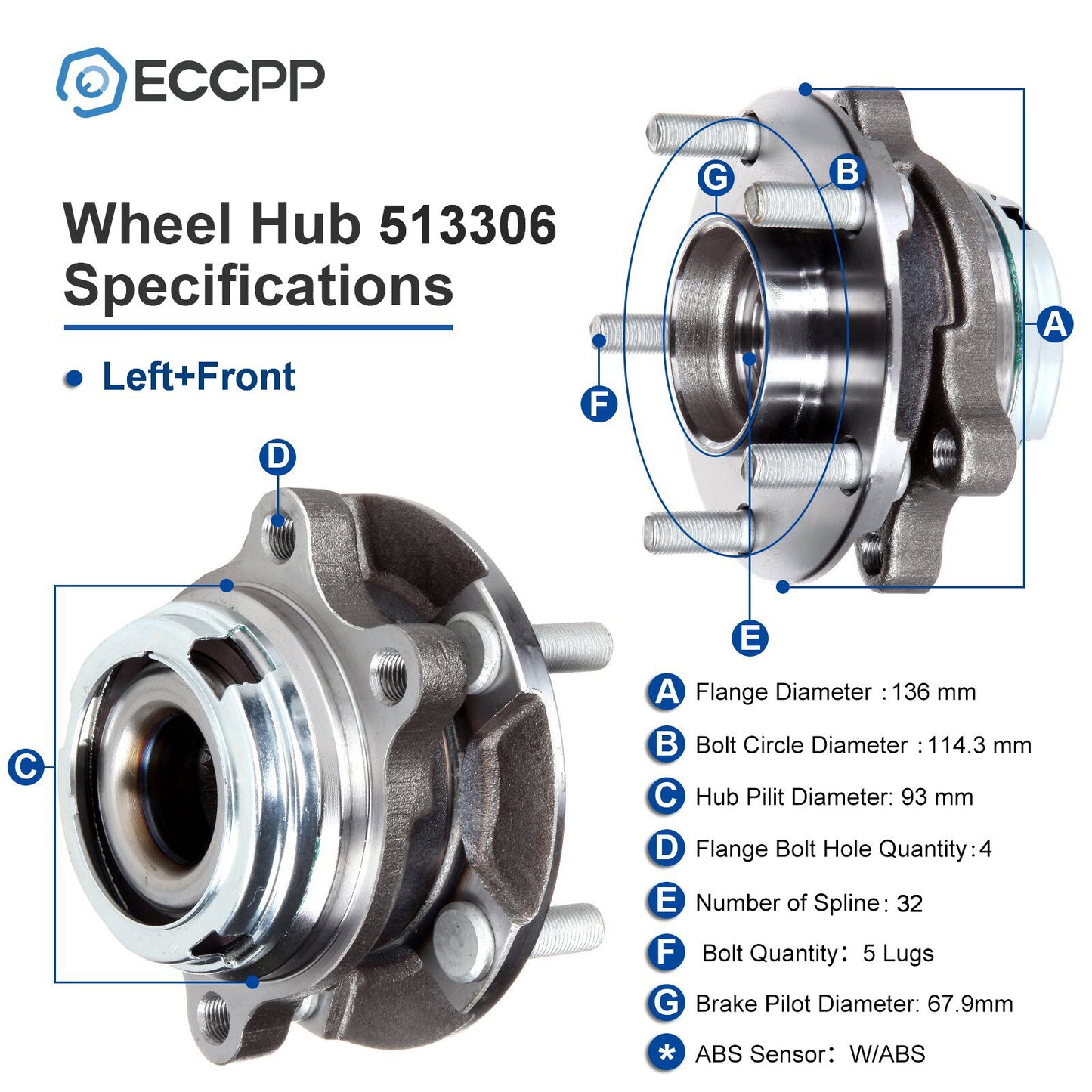 1Pc Wheel Hub Bearing Front Driver Side For Nissan Murano 3.5L 2009 2010-2014