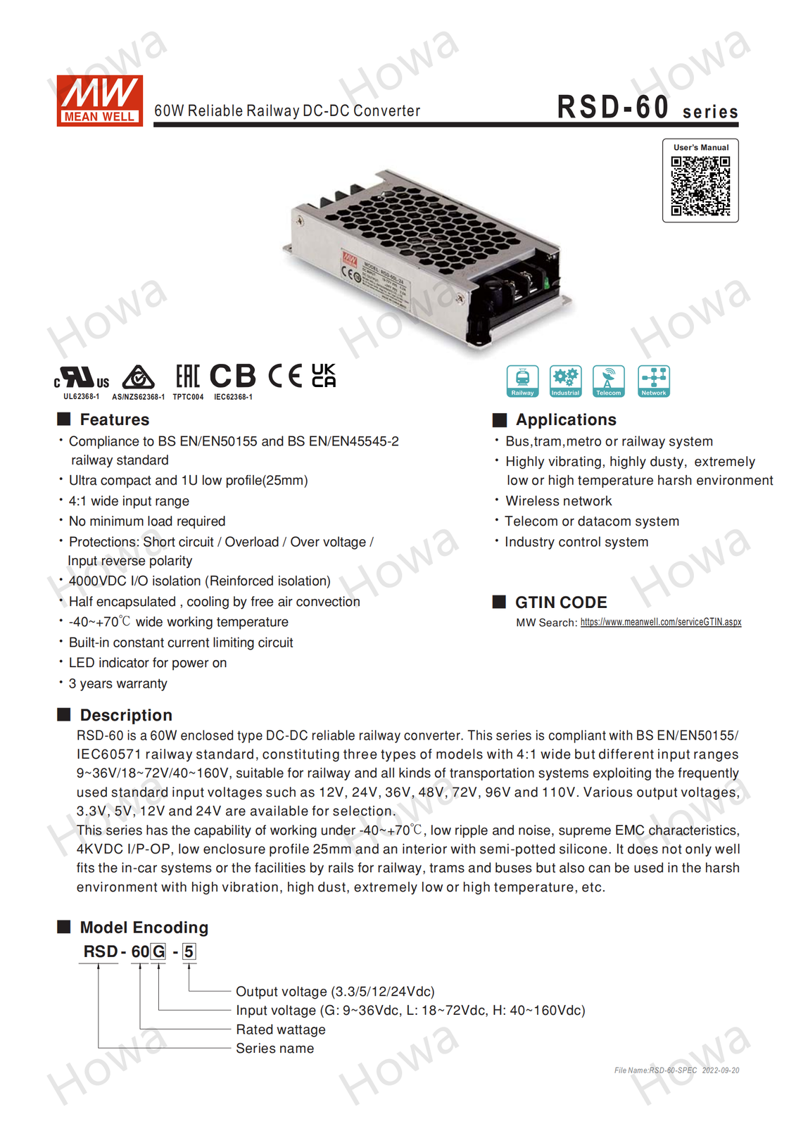 MEANWELL Switching Power Supply RSD-60H/L/G 60W DC To DC36V48V 72V 5V12V24V160V