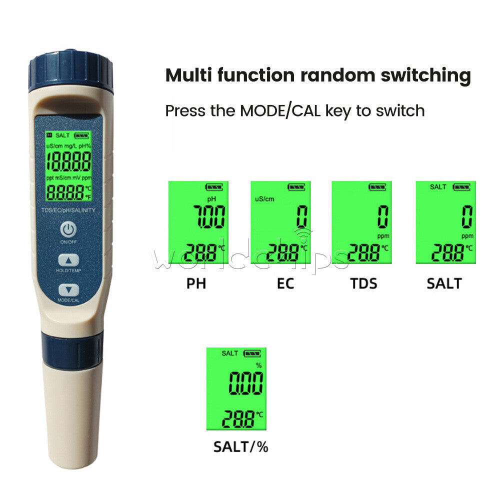 5 in 1 pH Tester Digital PH Tester Pen 0.01 High Accuracy IP65 Water Testing Kit