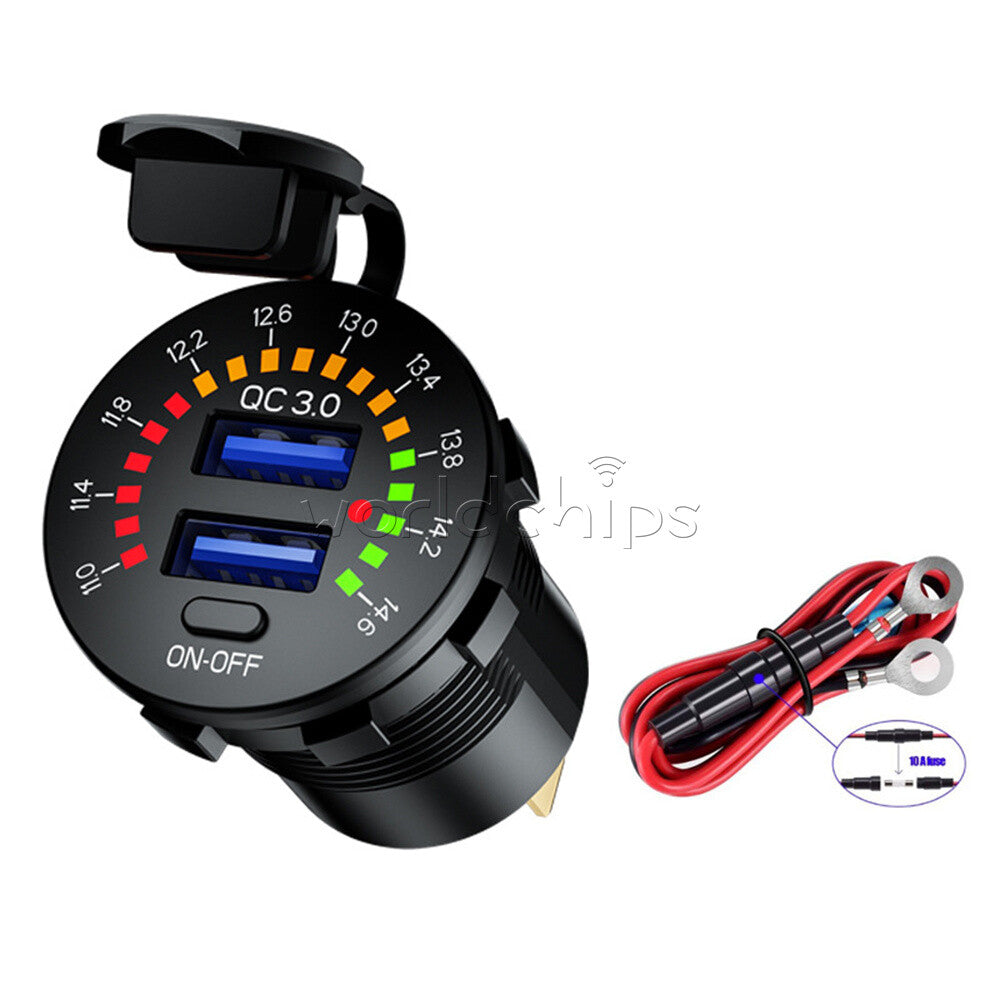 QC3.0 Dual-USB Car Charger Socket LED Digital Voltmeter Voltage Meter DC12V~24V