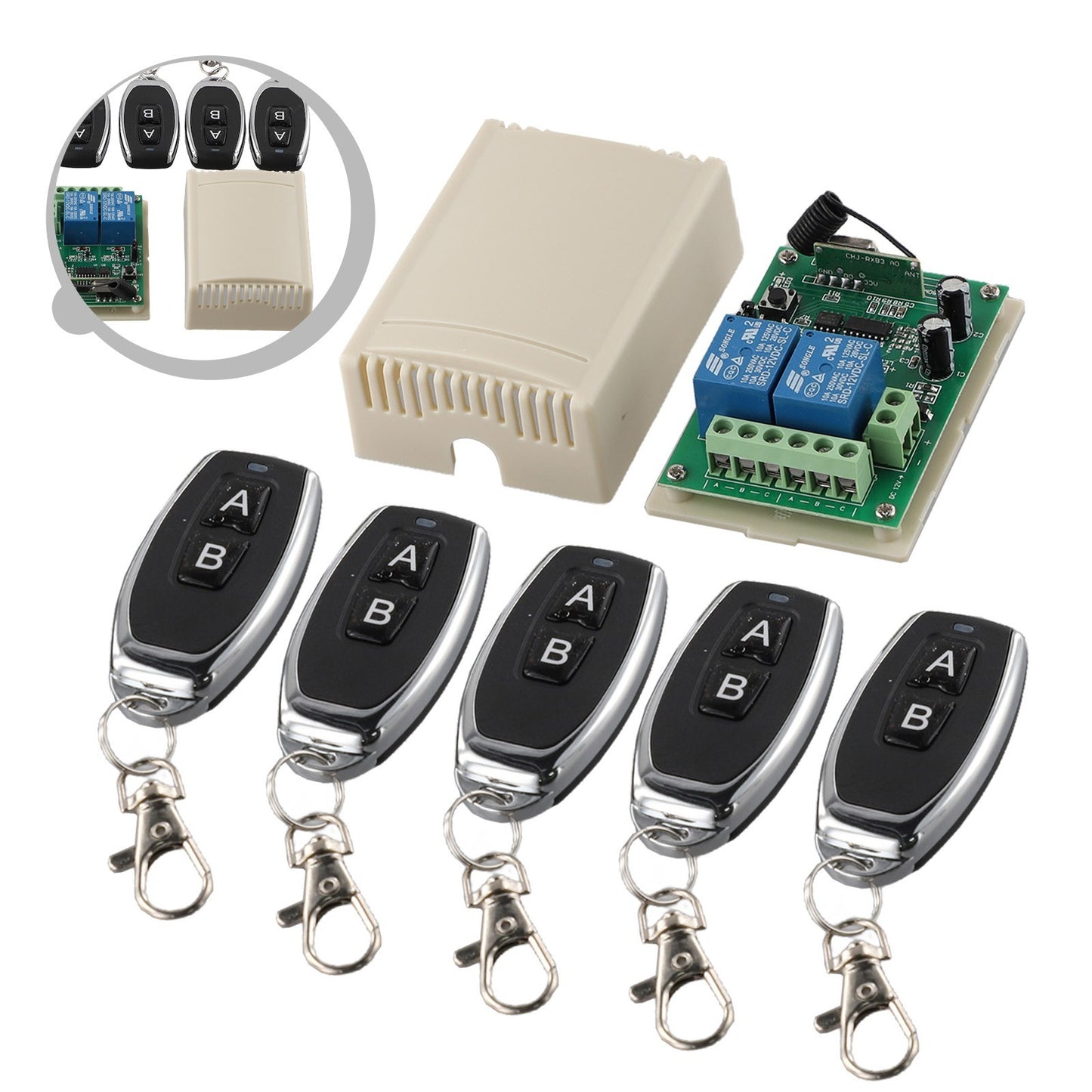 2CH 433MHz Relay 5pcs Wireless Remote Control Switch Transmitter & 1x Receiver