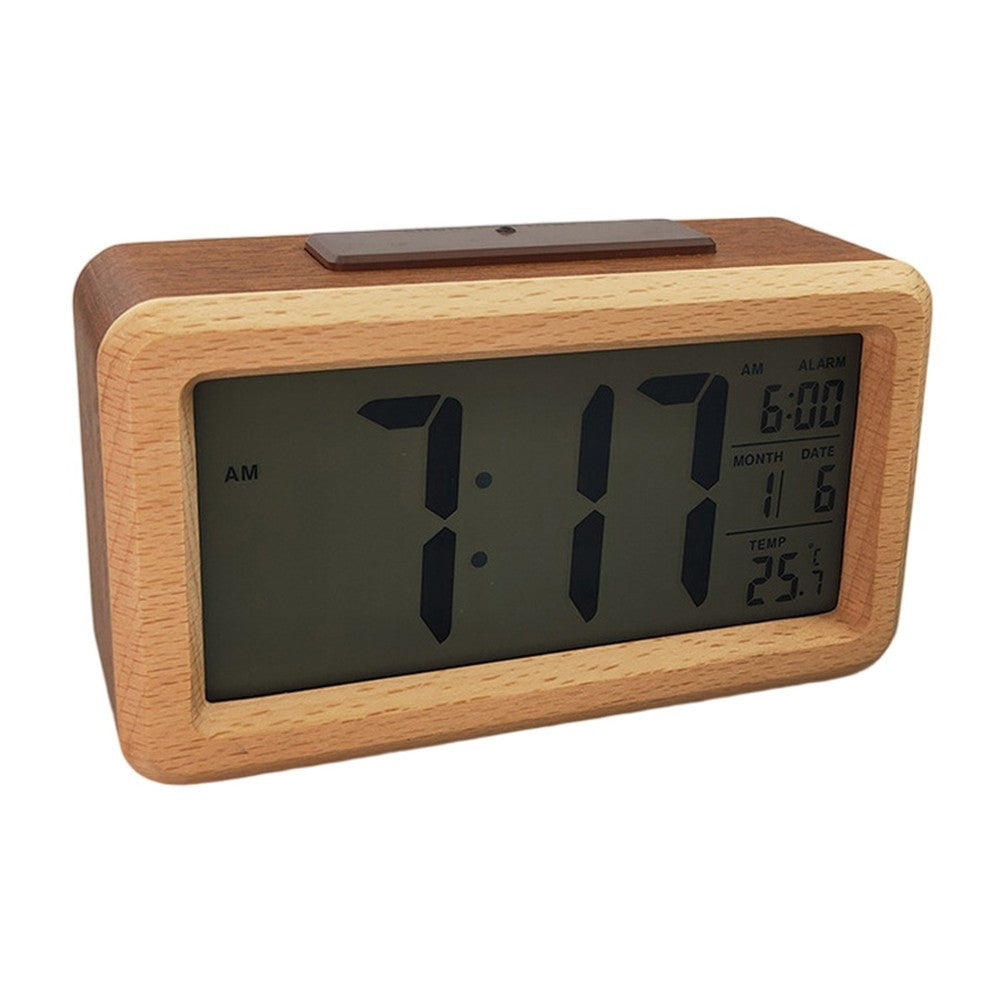 Wooden Digital Alarm Clock with Temperature Display for Home and Office