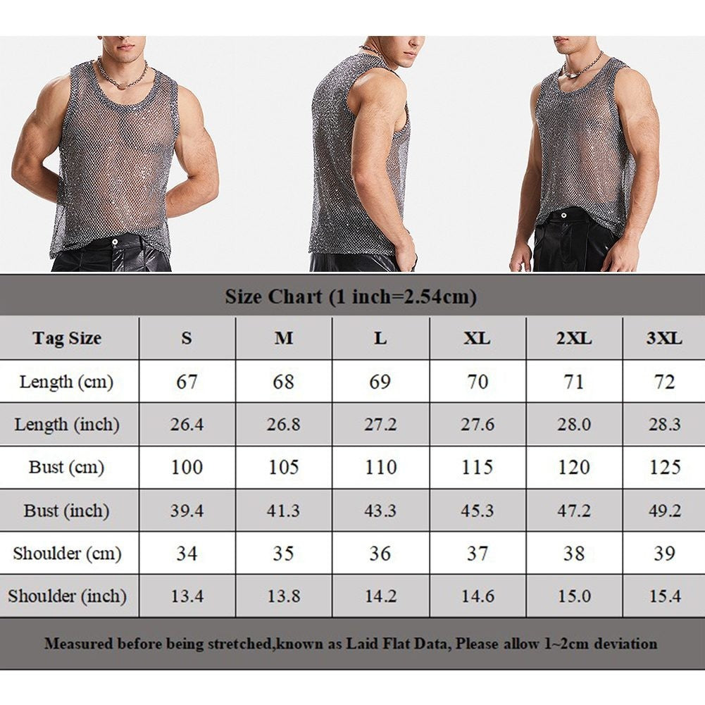 Men's Black Fishnet Party Tops Sexy Glitter Sheer See Through Tank Sizes S 3XL