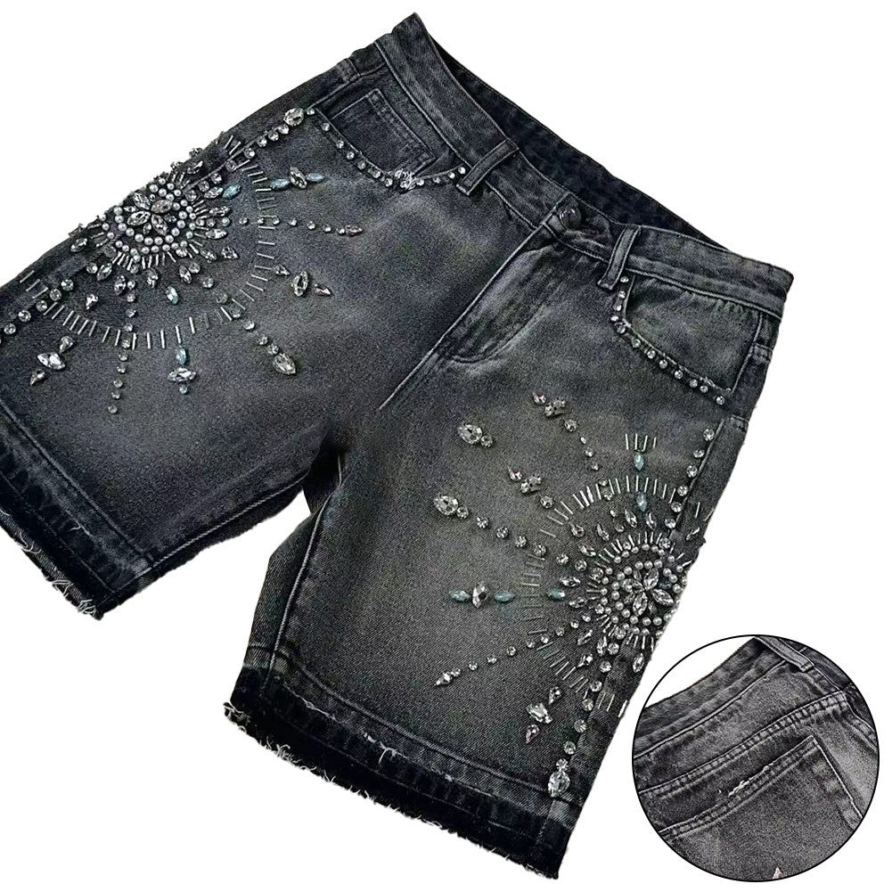 Casual Men's High Waist Shorts Featuring Unique Gothic Rhinestone Sequin Style
