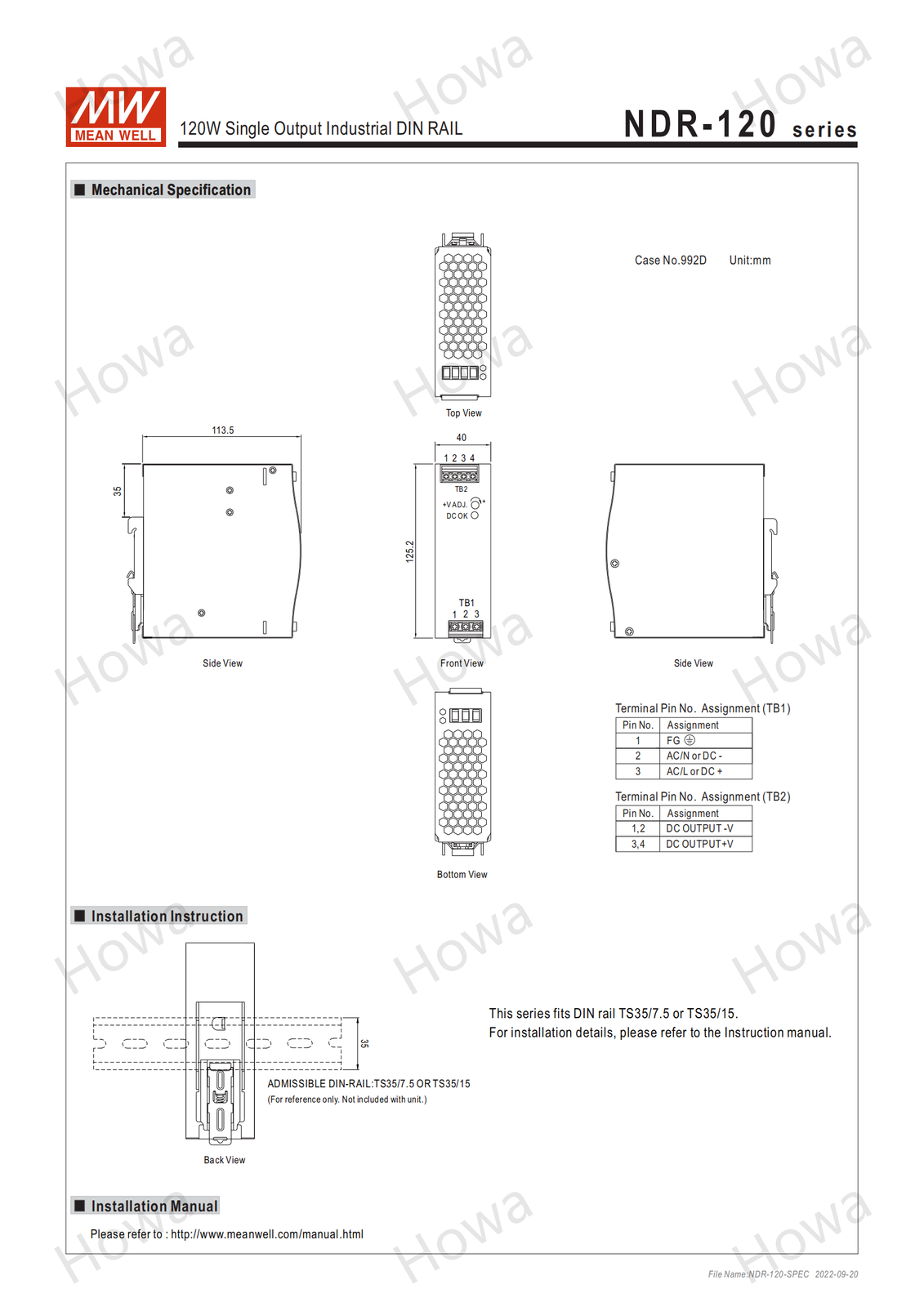 Mean Well NDR-120-48 Switching Power Supply DIN Rail Type 120W 48V 2.5A