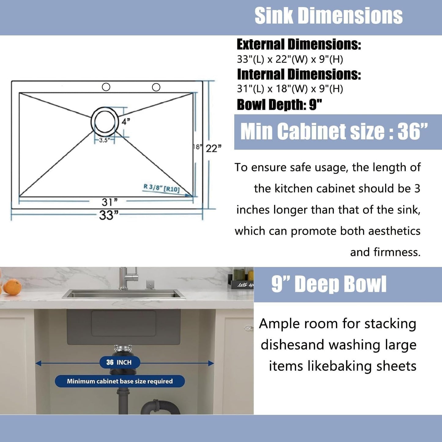 33x22 Inch Drop In Kitchen Sink, Stainless Steel Brushed Nickel with Dish Grid