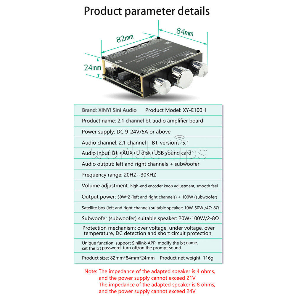 E100H 2.1 channel Bluetooth Audio Amplifier Board Module High&Low Bass Subwoofer