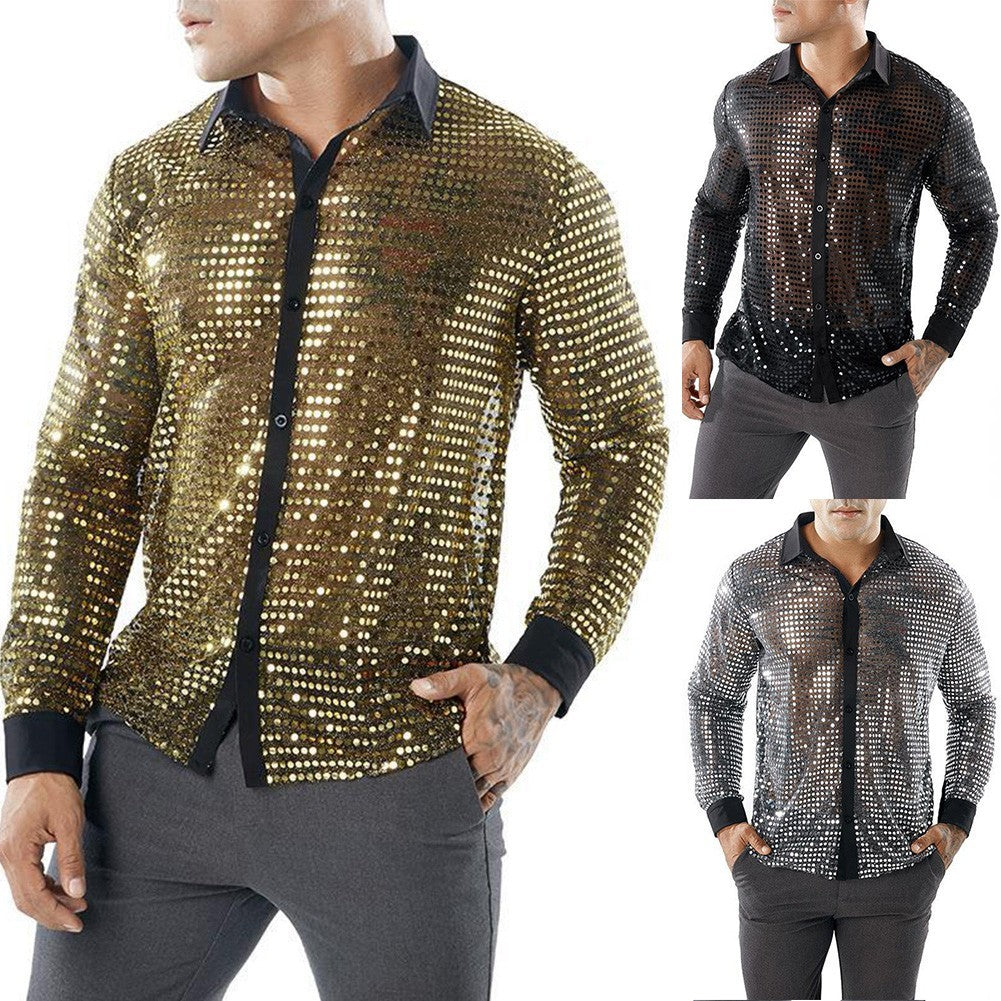 Men's Sparkly Sequin Party Dance Shirts Retro 70s Disco Nightclub Style Tops