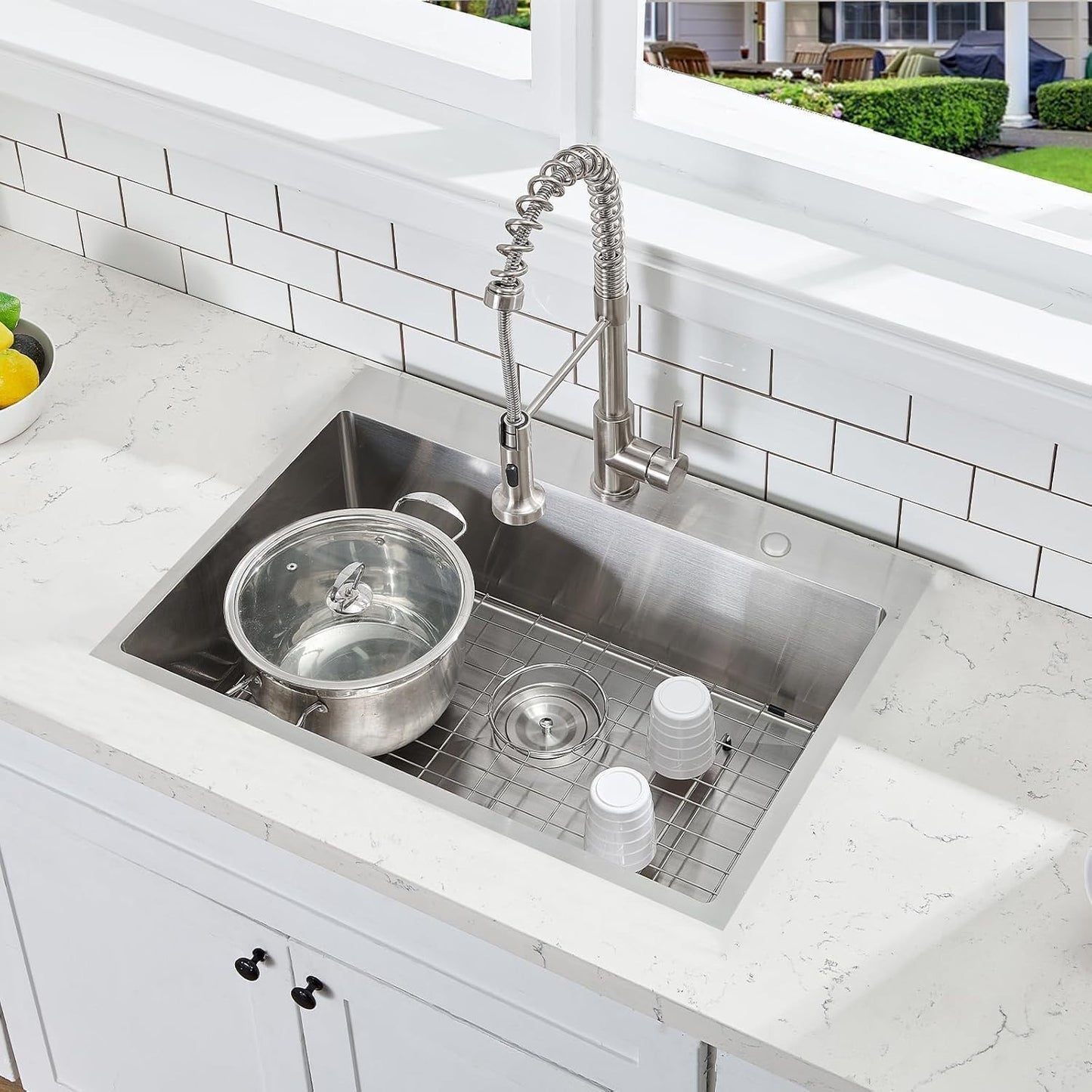33x22 Inch Drop In Kitchen Sink, Stainless Steel Brushed Nickel with Dish Grid
