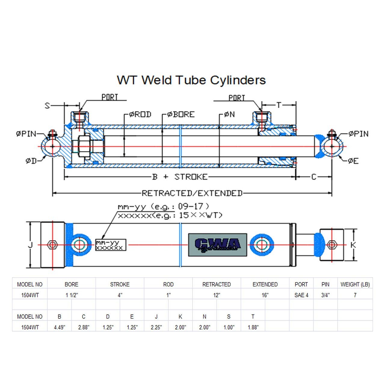 Weld Cross Tube Hydraulic Cylinder, 1.5" Bore x 4" Stroke - 3000 PSI