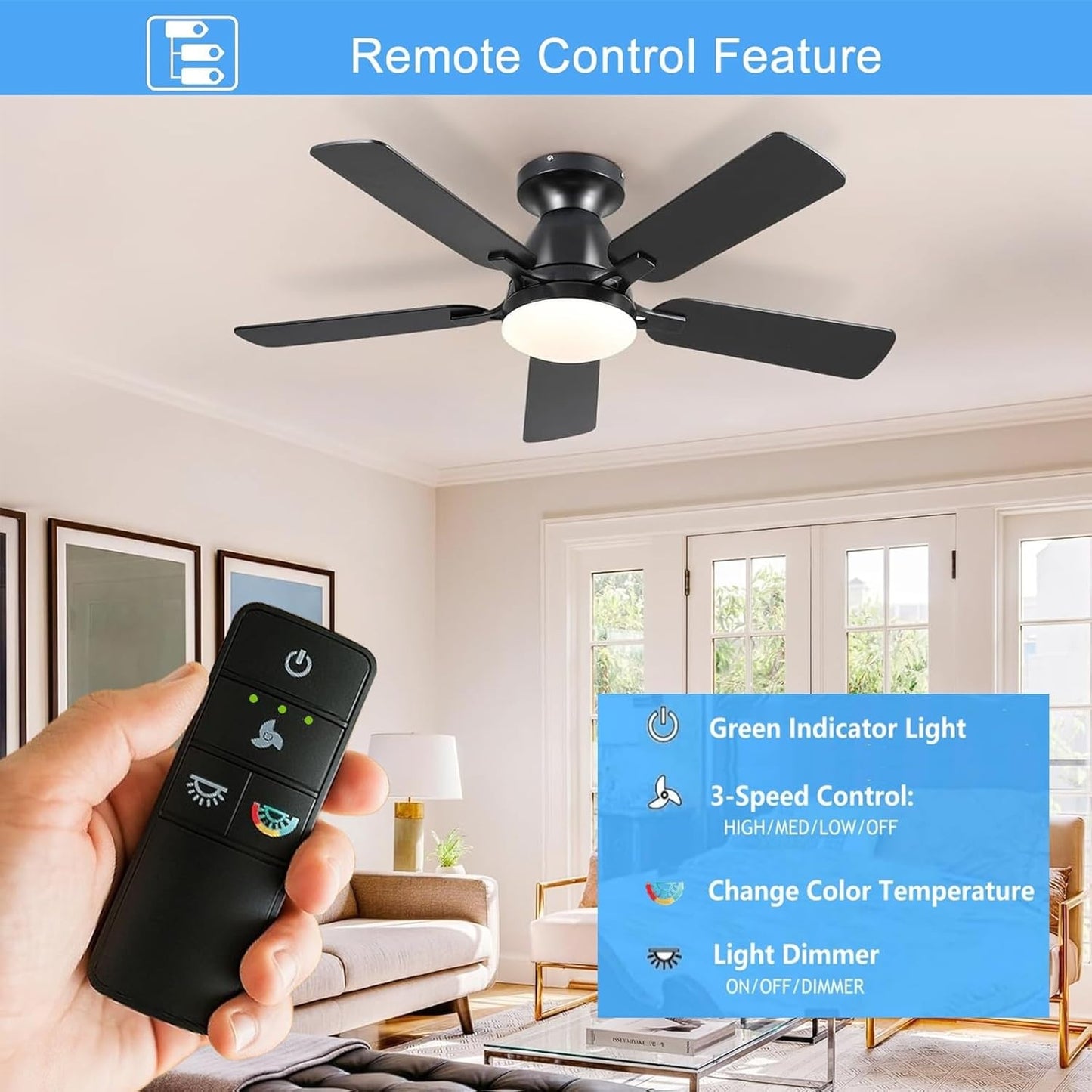 Ceiling Fan Remote Control Replacement, 3-Speed & Dimmer, 4 Dip Switches
