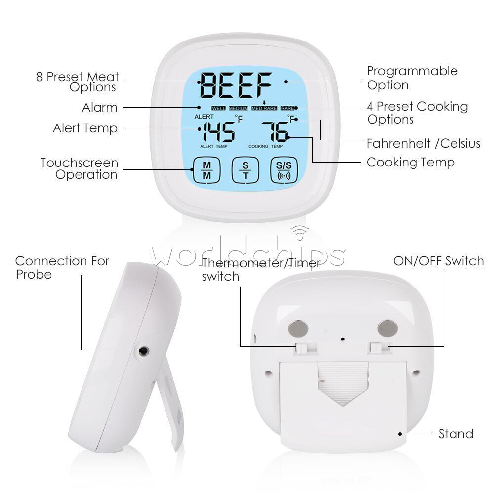 Digital Meat Thermometer for Oven BBQ Grill Food Cooking Touchscreen Timer alarm